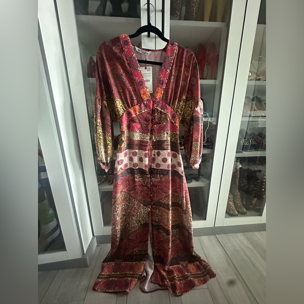 ZARA PATCHWORK PRINT BALLOON SLEEVES MIDI DRESS size XS Bohemian Maxi Dress - Picture 8 of 10